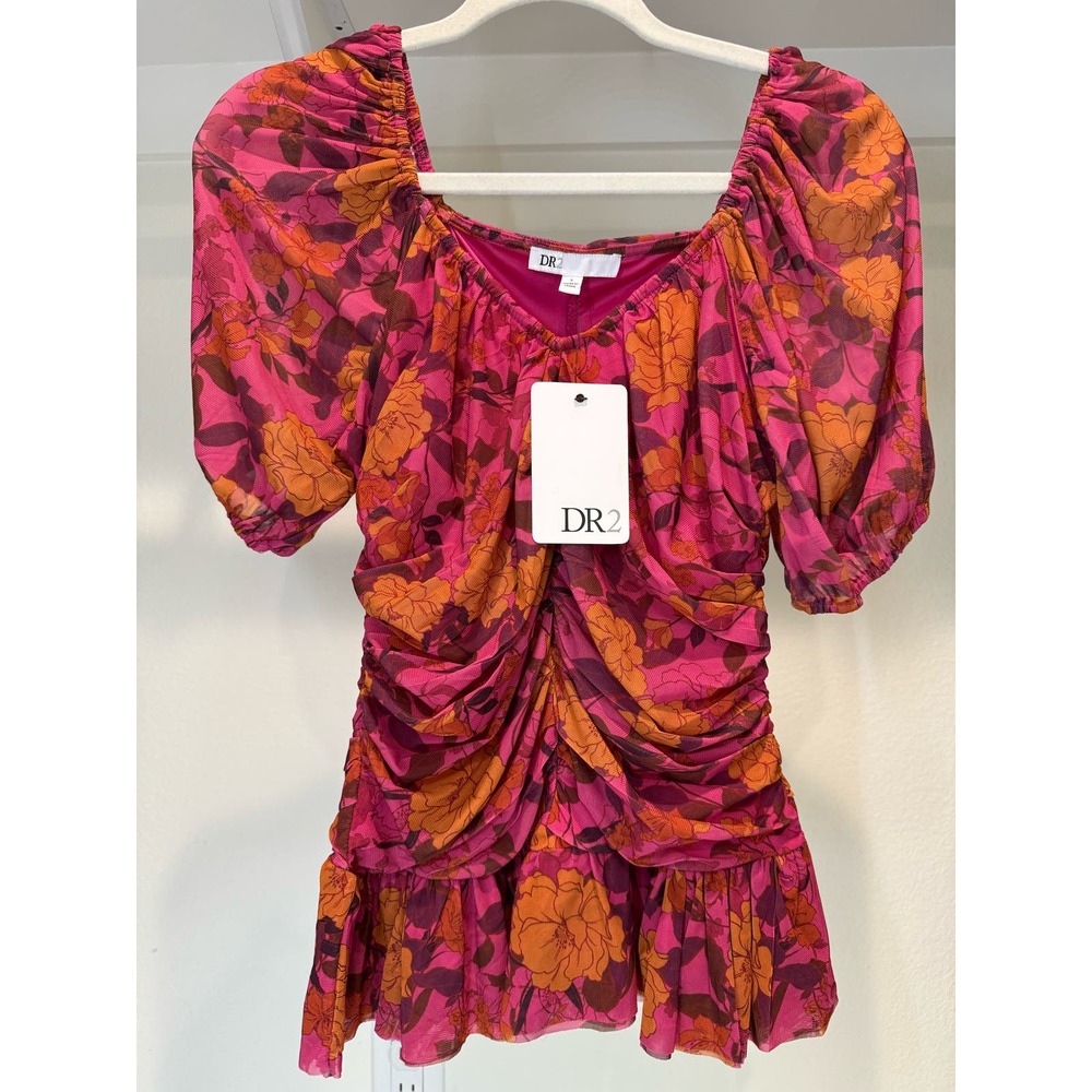 NWT Dr 2 Women's Floral‎ Blouse Ruched Peplum Top Size Small